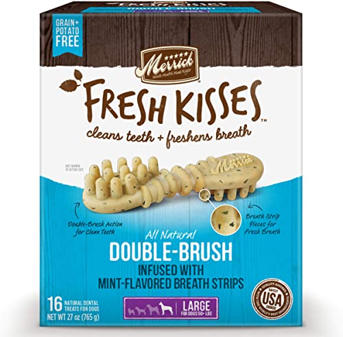 Merrick Fresh Kisses Double-Brush Mint Breath Strip Infused Large Dental Dog Treats