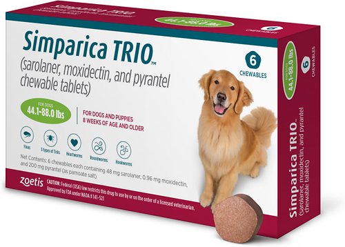 Simparica Trio Chewable Tablets for Dogs, 44.1-88 LB, 6 Treatments (Green Box)